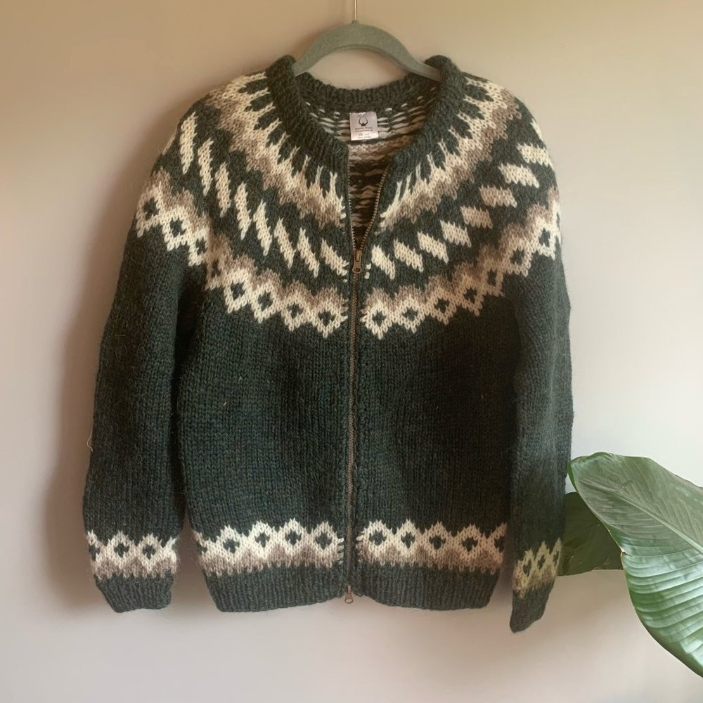 Vintage Nordic Iceland Wool Full-Zip Green Cardigan